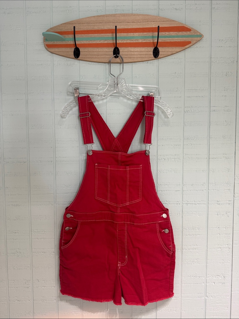 No Boundaries Juniors Red Short Overalls